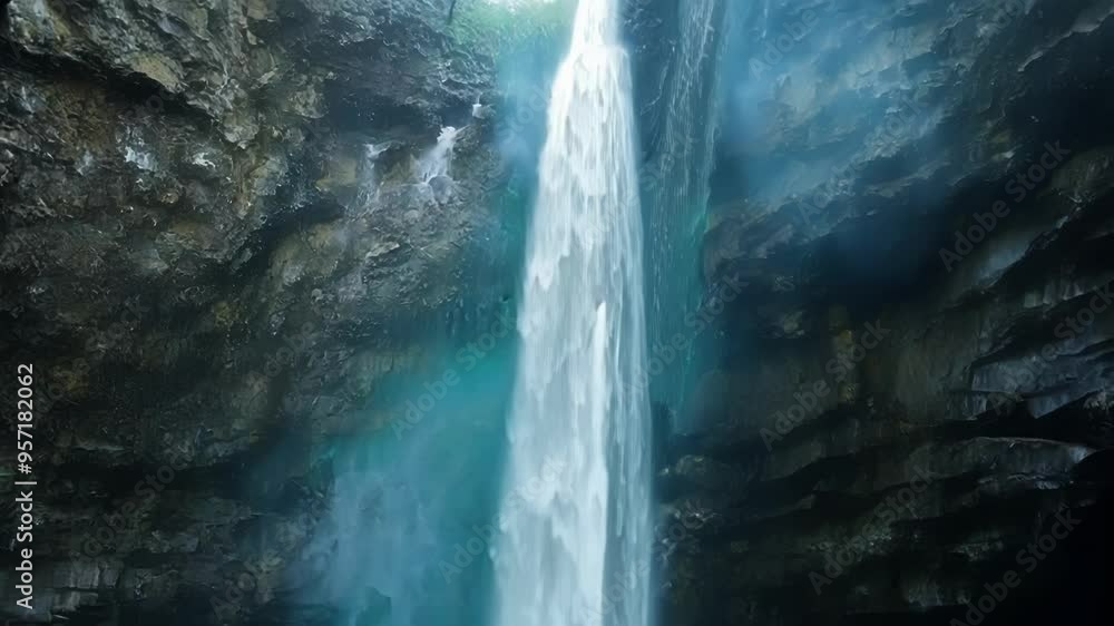 Poster Powerful waterfall is making its way down a mountain surrounded by cliffs in a mysterious fantasy world. The water is flowing rapidly creating a mystical atmosphere