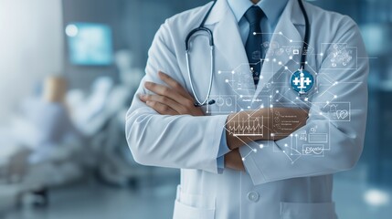 Doctor with Digital Interface: A confident physician with a stethoscope stands arms crossed, showcasing a holographic digital interface that represents advancements in healthcare technology. 