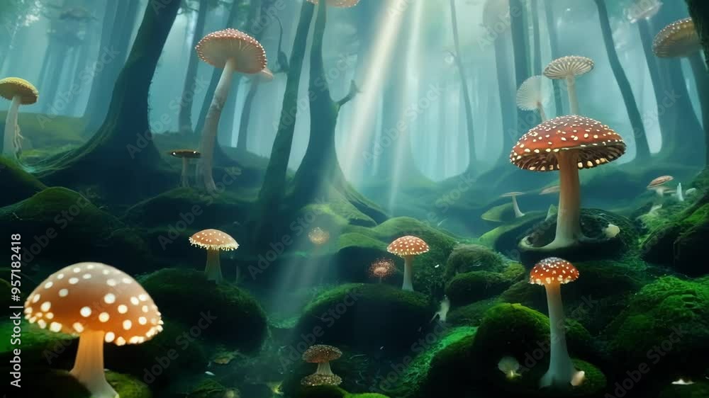 Poster Sunlight filters through dense canopy, illuminating a mysterious forest with glowing mushrooms and lush green moss, creating a magical, fairytale scene