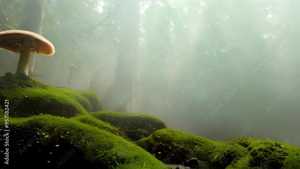 Poster sunlight filters through misty forest, illuminating green moss and creating serene atmosphere. encha