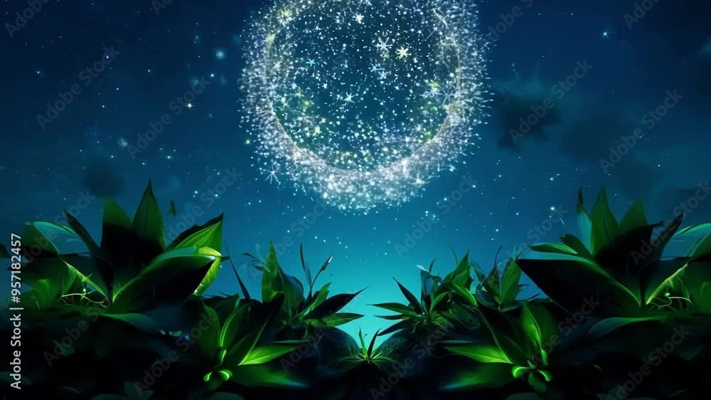 Aufkleber glowing dandelion seeds float in the night sky, casting magic over a mysterious forest, with the moo