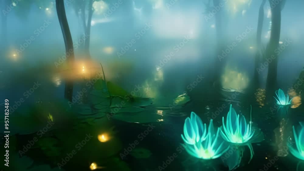 Poster Captivating swamp scene with glowing water lilies illuminating the misty atmosphere. The tranquil water reflects the ethereal light, creating enchantment and wonder