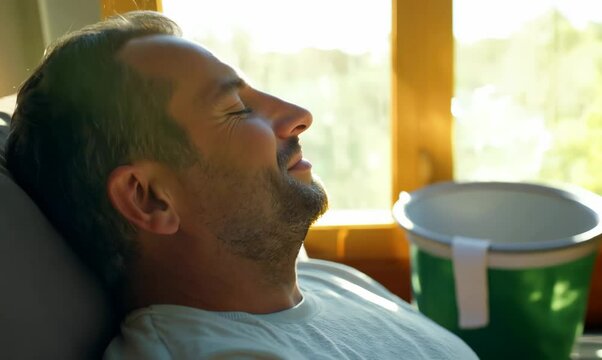 Portuguese Man Relaxing on Couch with Cleaning Tools Nearby
