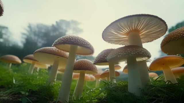 Group of giant mushrooms are growing in a lush green field on a foggy day. The sun is shining brightly, creating a magical atmosphere