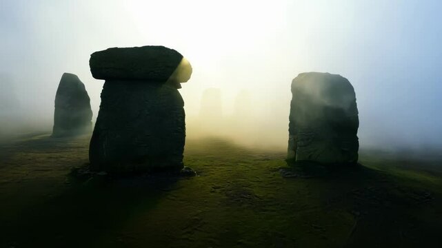 Mysterious megalithic stones are standing on a green grass field during a foggy morning, creating a mystical and evocative atmosphere