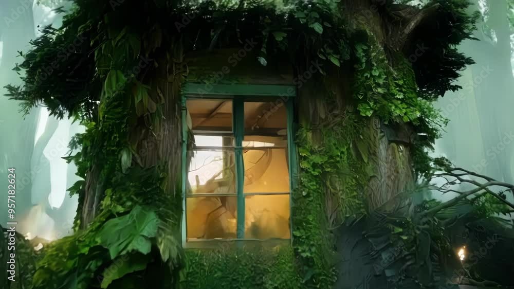 Poster Glowing tree house sits atop a large tree, surrounded by lush green foliage and shrouded in fog, creating a mystical and enchanting atmosphere