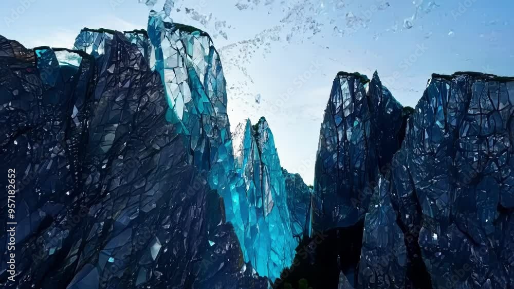 Poster the jagged blue crystal mountains reach up towards the bright sky. creating a mesmerizing and otherw