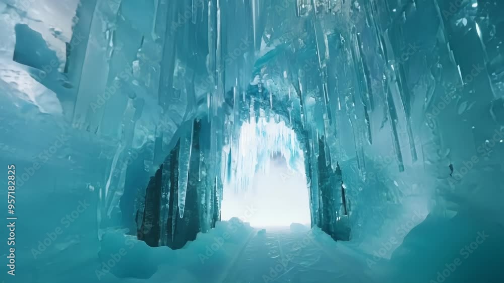Poster ethereal scene of an ice cave glowing with turquoise light, icicles hanging from the ceiling and sno