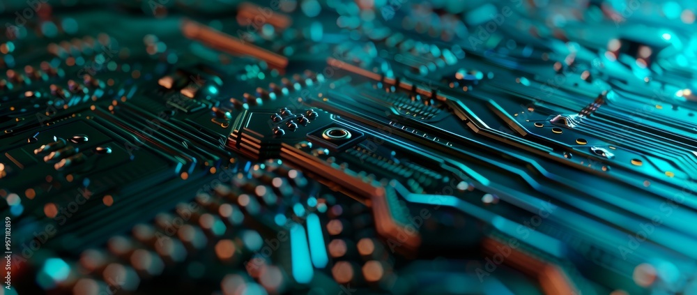 Poster a close-up shot of an advanced micro civilization's circuit board, showcasing the intricate design a