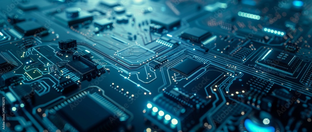 Poster a close-up shot of an advanced micro civilization's circuit board, showcasing the intricate design a