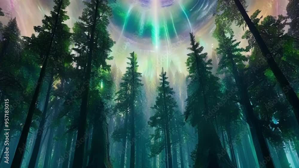 Leinwandbilder lush green forest with towering trees and a mystical green glow emanating from the sky, creating a m