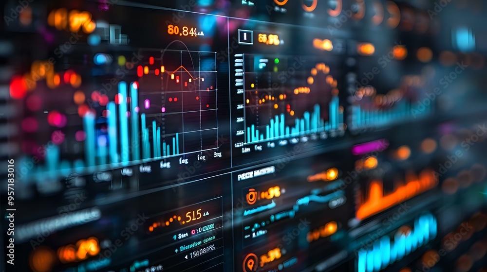 Aufkleber a vibrant display of financial data and stock market analytics on a futuristic interface with glowin