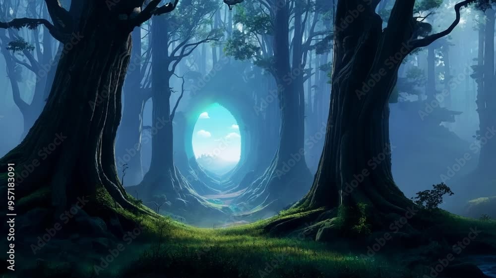 Poster Enchanted fairy forest with a magical portal opening, casting a mesmerizing glow. The moonlight adds to the enchanting charm as you wander deeper into this fantasy world