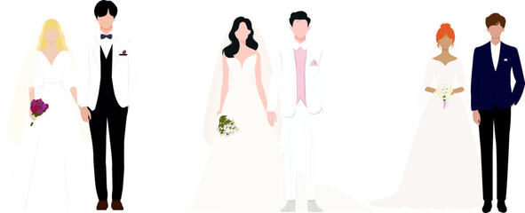 Set of married couple. Collection of cute bride and groom characters in wedding dresses, suits. Design for greeting and invitation card.  Marriage people vector illustration