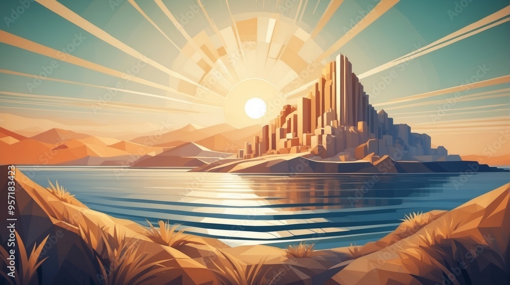 Wall mural sea and sun in art deco style low poly