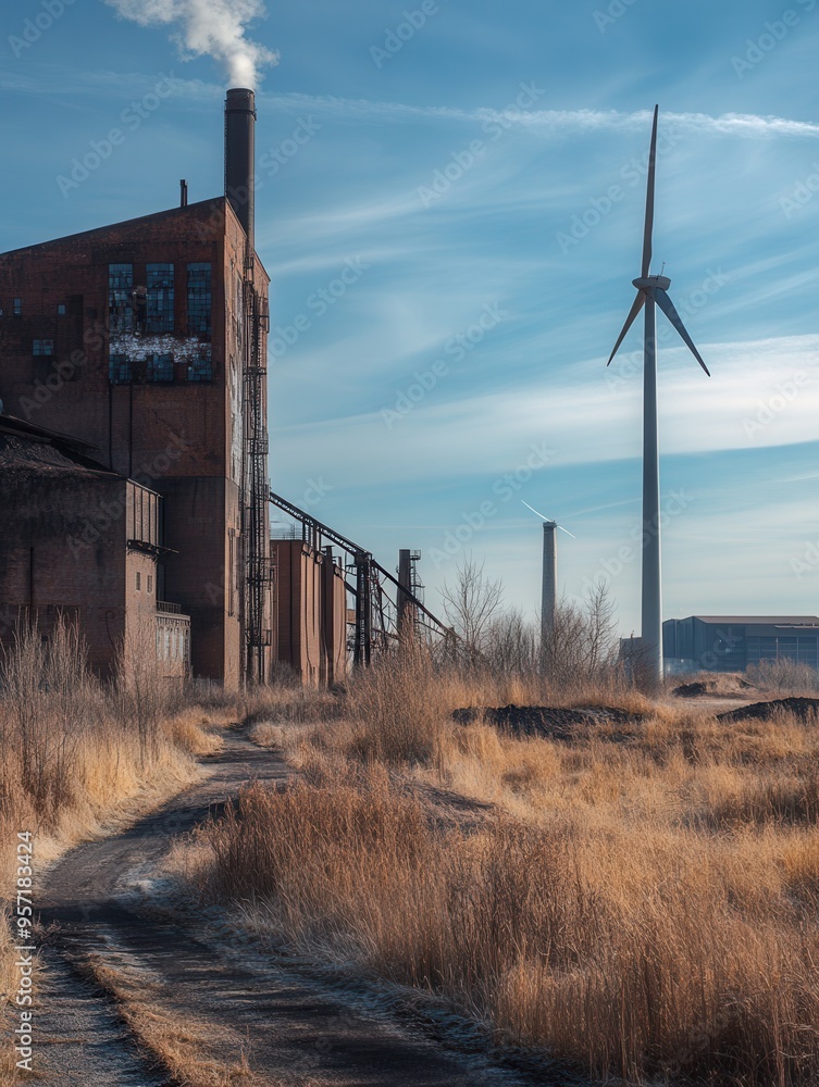 Poster wind turbines stand tall against the backdrop of abandoned coal mines and factories, symbolizing a s