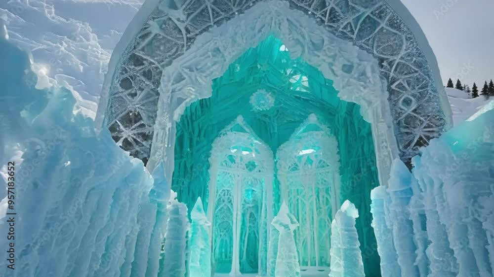 Poster discovering an otherworldly ice cathedral, its intricate carvings and frozen spires illuminated by a