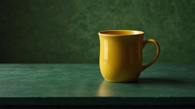 A bright yellow coffee mug placed on a green table against a green wall.
