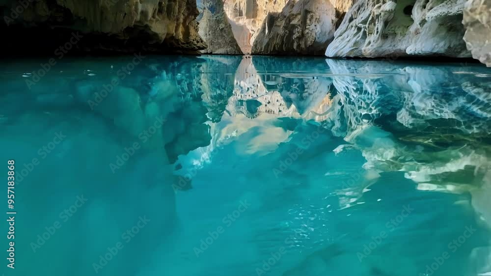Aufkleber exploring a mystical cave with turquoise water, reflecting rock formations and creating a magical at