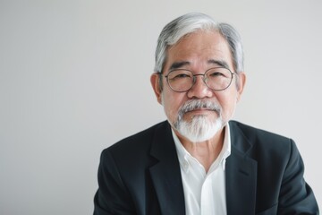 A smiling older man with a white beard and glasses, dressed in a black suit, exudes warmth and friendliness against a plain background.