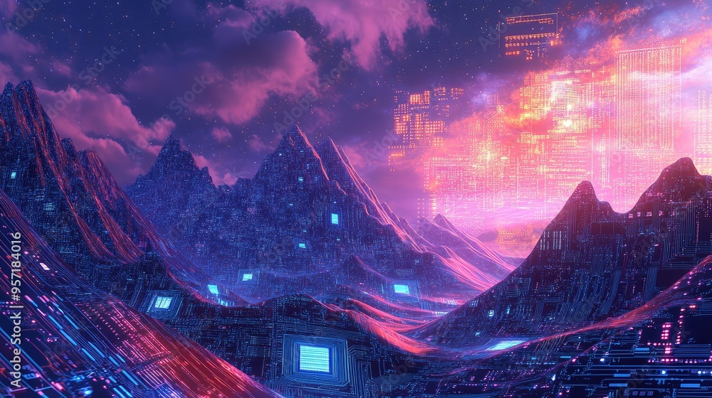 Poster a computer landscape with mountains made of circuit board patterns, set against a vivid sky with dyn