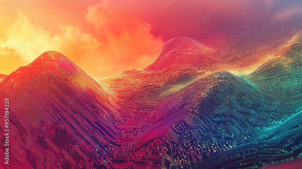 Poster a computer landscape with mountains made of circuit board patterns, set against a vivid sky with dyn