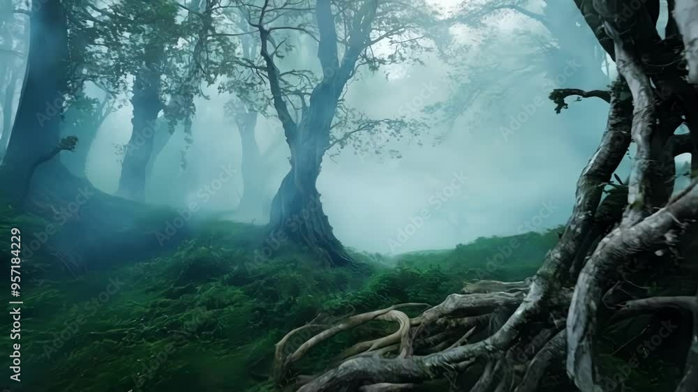 Poster winding dirt path through dark, mysterious forest with twisted trees, fog, and magical light, creati