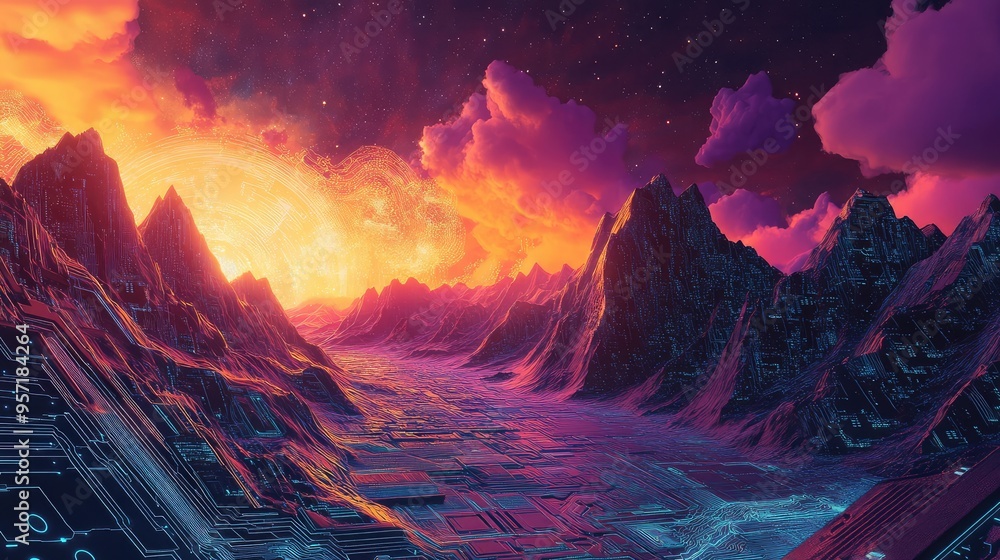 Poster a computer landscape with mountains made of circuit board patterns, set against a vivid sky with dyn