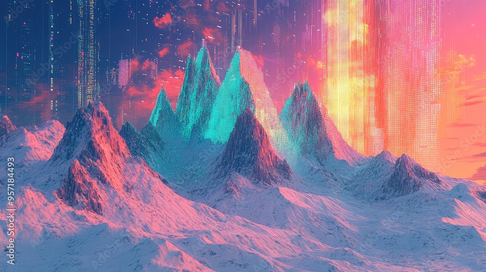 Poster a computer-generated mountain landscape with pixelated peaks, beneath a sky filled with data project