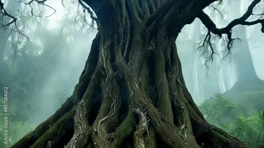 Poster giant tree is dominating a forest with fog spreading through its branches, creating a mysterious and