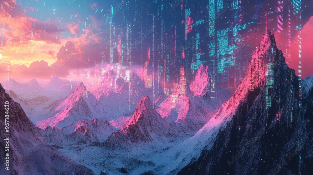 Poster a computer-generated mountain landscape with pixelated peaks, beneath a sky filled with data project