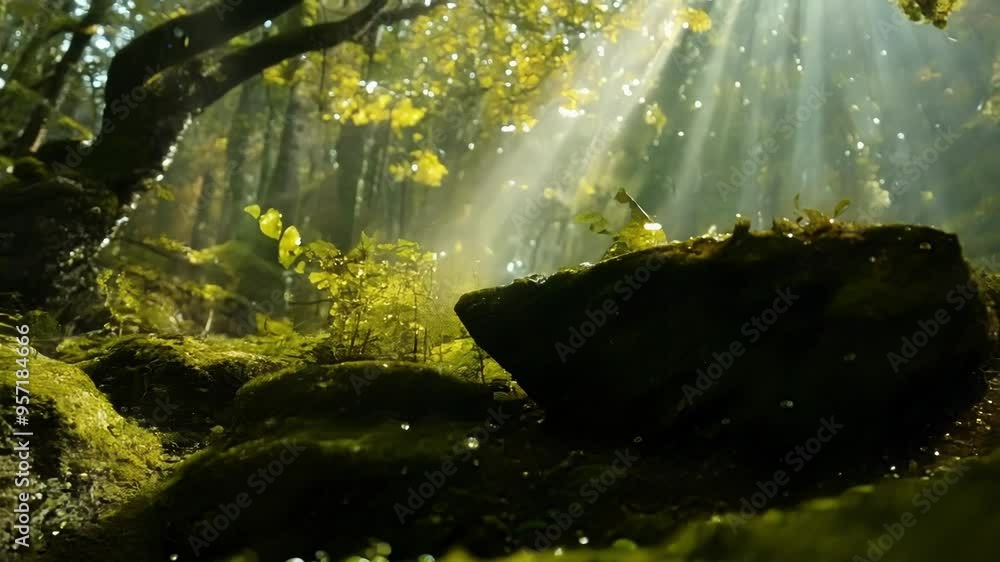 Poster sunlight filters through trees in a lush green forest, casting magical light on moss covered rocks a