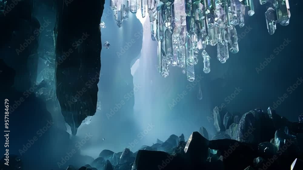 Poster light is illuminating an eerie blue crystal cave full of sharp rocks. this fantasy environment is bo