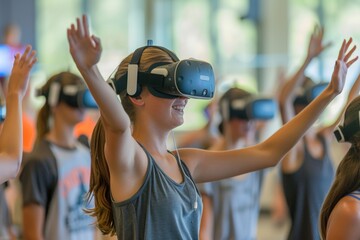 High School Students Engaging with Virtual Reality Headsets in Futuristic Classroom During Daytime, Learning with Excitement and Immersive Technology