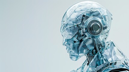 A clear, angular robot in 3D, crafted from crystal-like materials, standing against a white background with light reflecting off its surfaces.