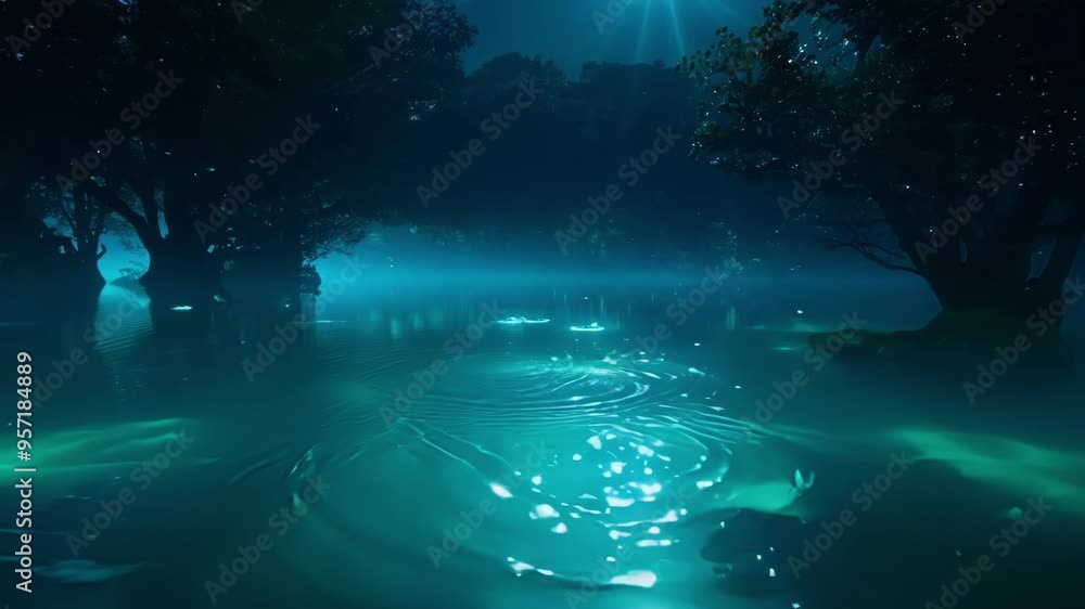 Poster Bathing in moonlight, a mysterious blue glow emerges from serene lake waters in a dark forest, creating a magical, peaceful scene