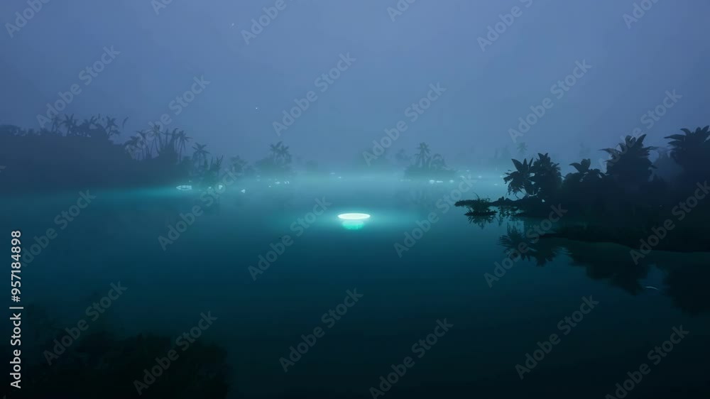 Poster turquoise light glows on a misty lake at night, illuminating the fog with an ethereal glow, creating