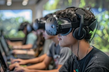 Diverse High School Students Using Virtual Reality Headsets in a Futuristic Classroom, Engaged with Digital Simulations in the Morning