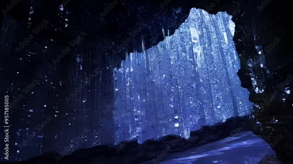 Aufkleber giant crystals are glowing in a dark cave environment, creating an otherworldly and magical atmosphe