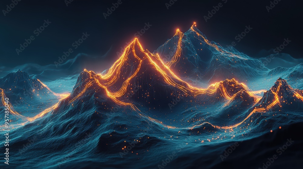 Poster a computer-generated mountain range with glowing circuit lines tracing the peaks and valleys, blendi