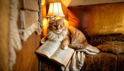 Cat, curled up on a cozy couch with an open book, appears to be engrossed in reading.