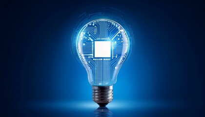 Glowing light bulb with circuit board inside on dark blue background, mockup