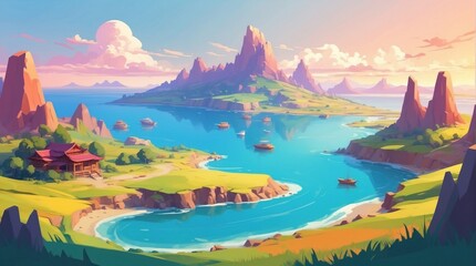 Illustration low poly mountainous coast