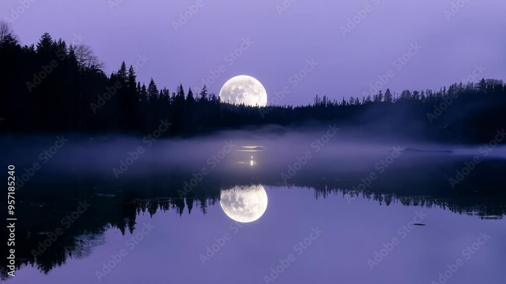 Poster Full moon is rising over a lake, reflecting on the calm water surface. The fog is giving the image a mysterious and fantasy atmosphere
