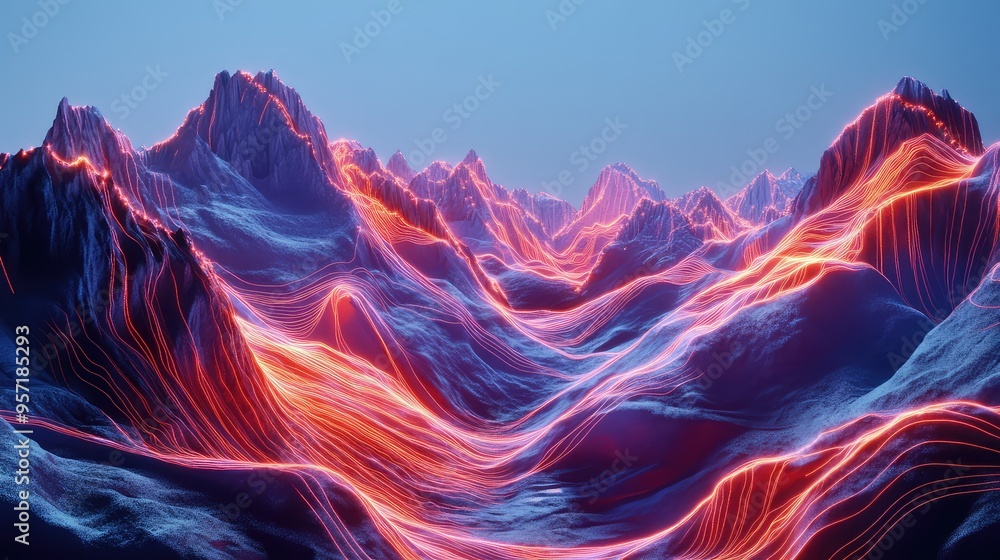 Poster a computer-generated mountain range with glowing circuit lines tracing the peaks and valleys, blendi