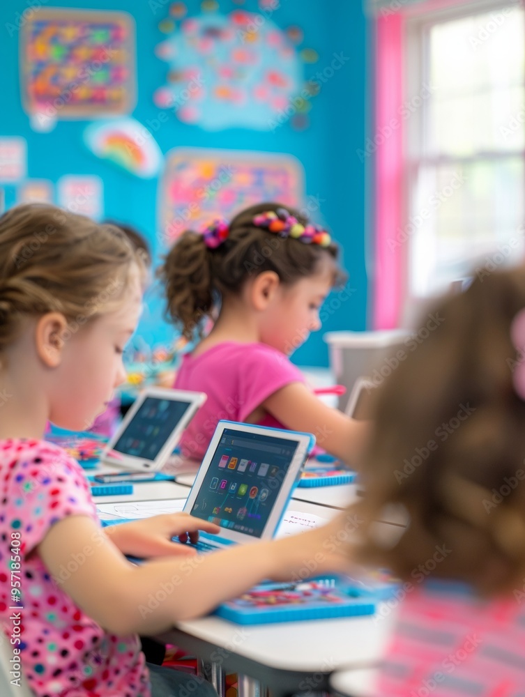 Leinwandbilder diverse elementary classroom with young girls using tablets and laptops for interactive learning on 