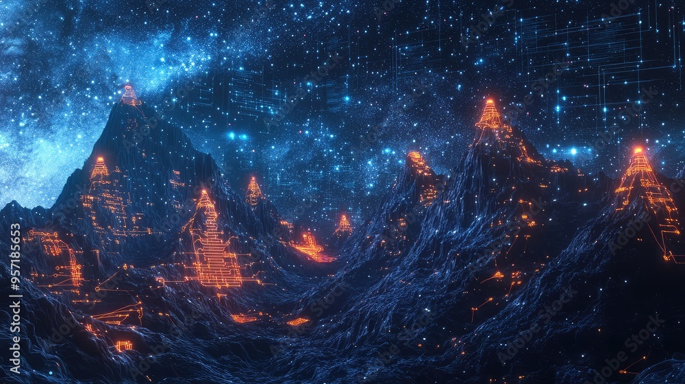 Poster a computer-generated mountain vista with glowing circuit peaks, under a starry sky filled with strea