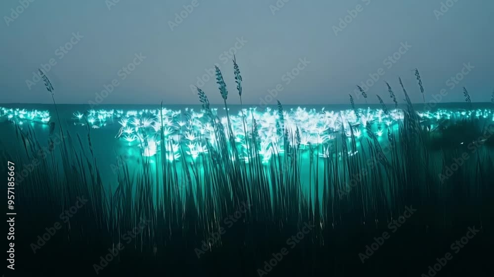Poster Tall grass blowing in the wind with glowing turquoise water shining behind at night. This fantasy image has a teal color effect