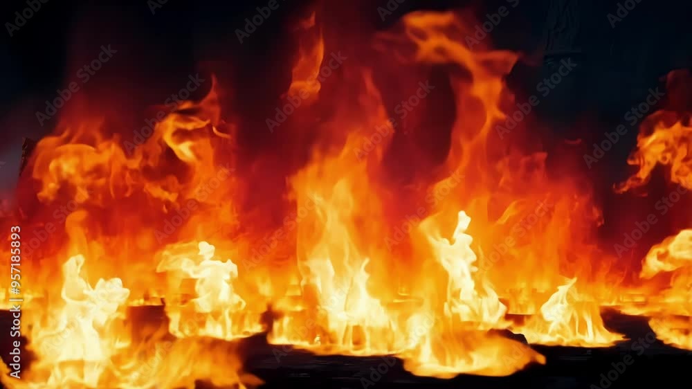Poster flames burning brightly on the ground with an ancient structure in the background, shrouded in fog, 