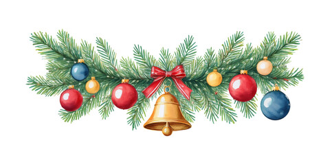 Watercolor vector Christmas wreath with fir branches, bell and Christmas balls. 